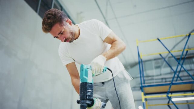 Young man focuses on drilling concrete wall. He wears white shirt and gloves. Blue and green drill vibrates in his hands. Large industrial space with metal beams