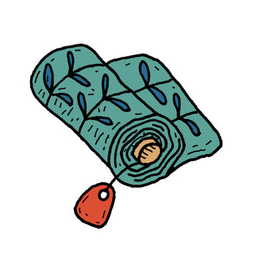 Hand-drawn icon illustration teal fabric roll with blue leaf pattern, red label tag isolated on transparent background for sewing studio, textile design, tailor shop, game UI, RPG inventory