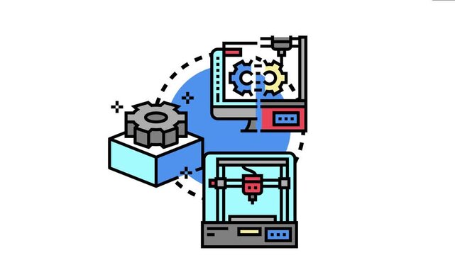 Personal 3d printer creating custom objects using additive manufacturing technology, with a computer displaying engineering software and a finished gear representing prototyping and innovation