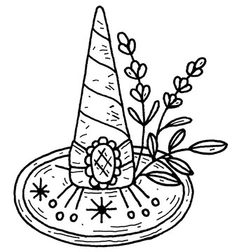 Hand-drawn line art icon illustration of vintage magic hat with crystal and lavender isolated on transparent background for witchy millinery, sewing studio, tailoring stickers, game UI, RPG inventory.