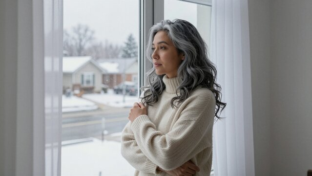 An elderly woman in cozy sweater looks thoughtfully through a snowy winter window at quiet residential street.