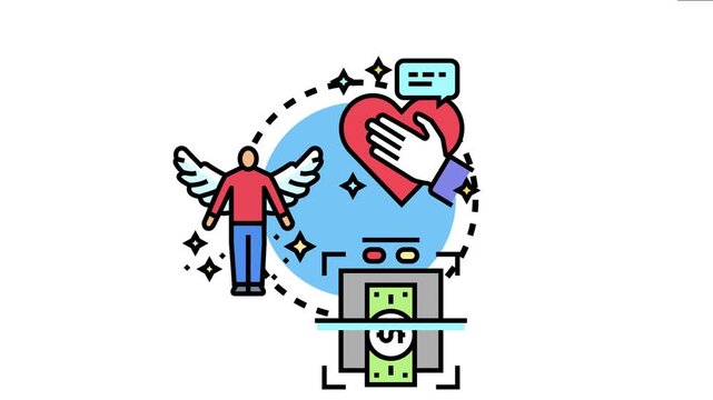 Personal authenticity concept portraying a winged individual, a heart with a caring hand, and money going through a scanner, symbolizing true self, inner feelings, and financial integrity