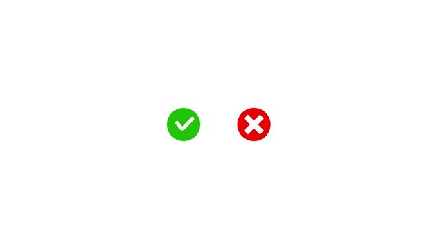 Green checkmark circle and red cross mark error circle buttons representing accept reject yes no true false choice success fail U I design elements isolated bright white background vector.a 4k video