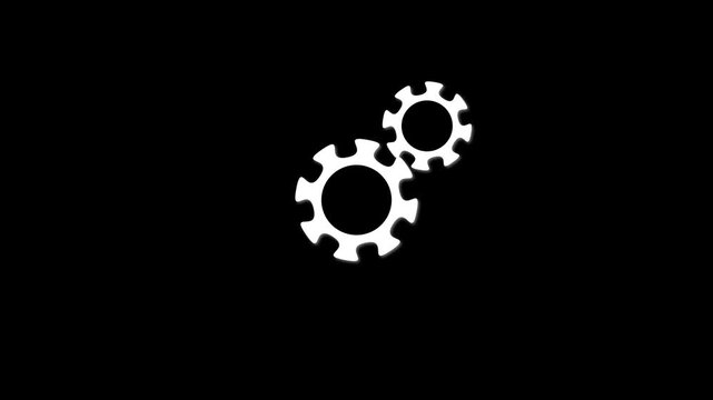 White two interlocking gear cogs icon representing settings configuration technical mechanism industry process automation engineering U I element isolated clean dark black background vector.4k video