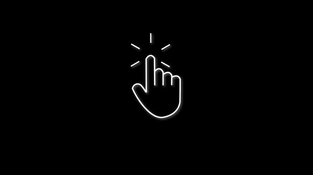 White line art hand cursor finger pointing click icon with tap burst lines representing digital selection touch interaction U I design element isolated clean dark black background vector.a 4 k video
