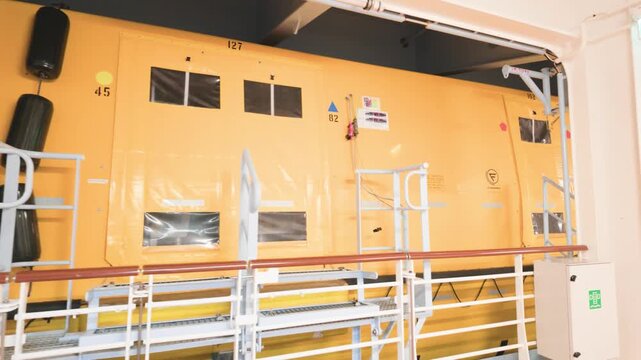 Large Enclosed Yellow Emergency Lifeboat Mounted on Cruise Ship Deck