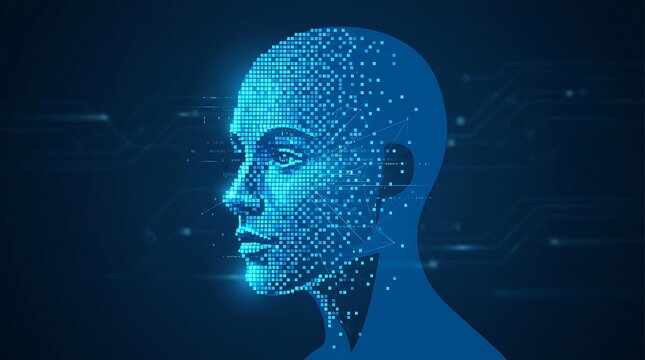 Profile view of a human head formed by glowing blue digital pixels and circuitry patterns on a dark background