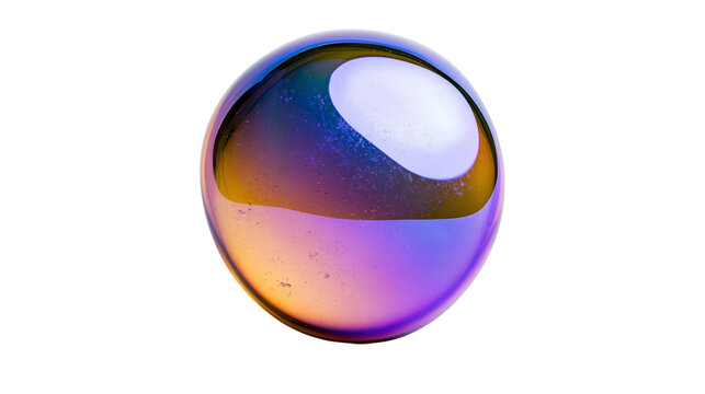 Isolated iridescent glass sphere shimmering with colorful reflections and abstract gradients