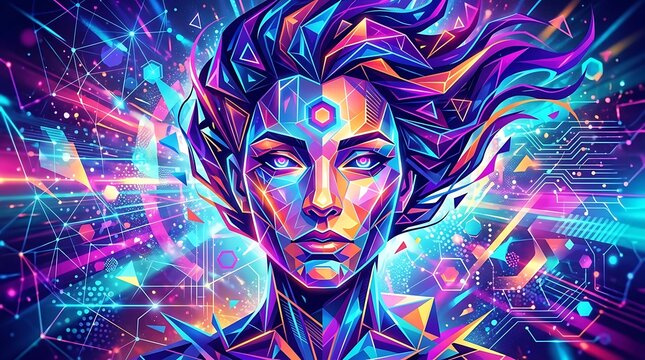 Stylized human face with flowing geometric hair and vibrant neon light patterns in a digital environment