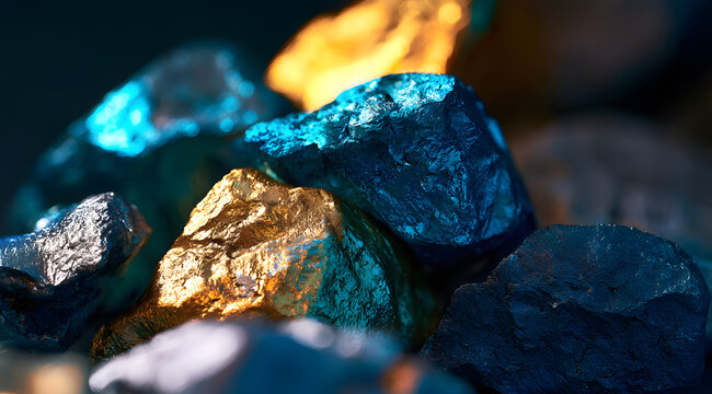 Close-up of raw, rare earth minerals with metallic shine. Glowing, colorful stones show a spectrum of blue and gold hues. Valuable elements are used in advanced technology, green energy, and the elect