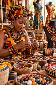 African woman crafting traditional colorful bead jewelry at market stall