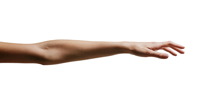 Isolated human arm and hand extended horizontally, reaching out or presenting something