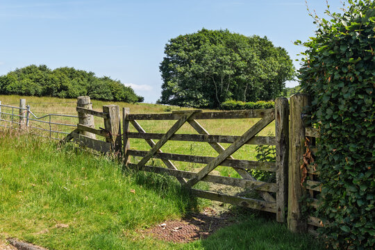 Weathered five-bar wooden farm gate leading to green pasture