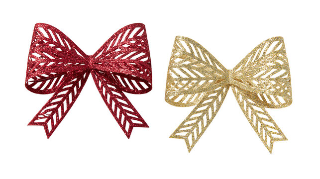 Isolated pair of shimmering red and gold glitter bows with an elegant decorative cutout design.