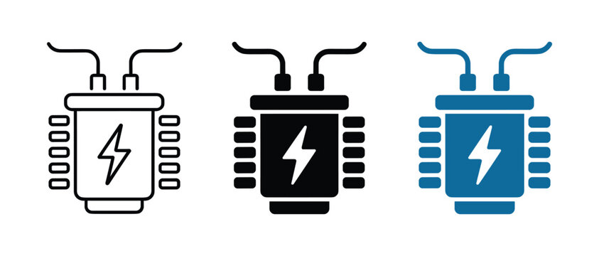 Electronic Component Icons: A set of three stylized icons representing an electronic component, possibly a chip or capacitor, featuring a lightning bolt symbol for energy or power.