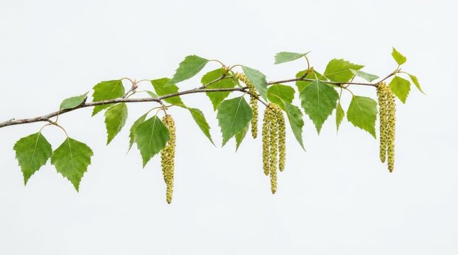 Birch tree branch with green leaves and hanging catkins.