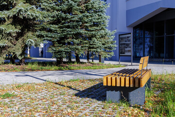 Contemporary city square landscaping with comfortable timber seat near evergreen fir trees and graphic shadows on a lawn. © Konstantin