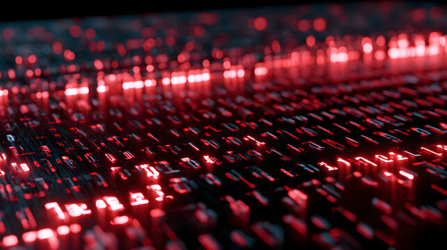 a data stream of bright binary code with red accents