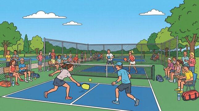 Pickleball Doubles Match on Outdoor Park Court Illustration