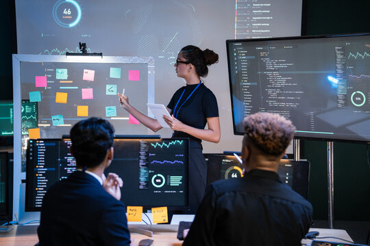 Software engineers listening colleague presenting project plans at a glassboard with sticky notes in a data center with screens displaying code development