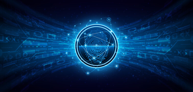 Cybersecurity concept. Futuristic biometric fingerprint scanner on blue circuit board background. Digital identity verification and data protection technology for secure network access.