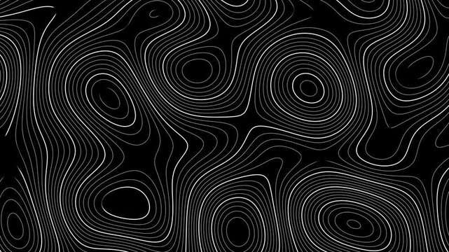 Topographic map with white contour lines on black seamless loop