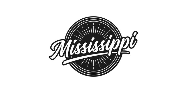Vintage Mississippi typography emblem with sunburst background for souvenir or travel merchandise.