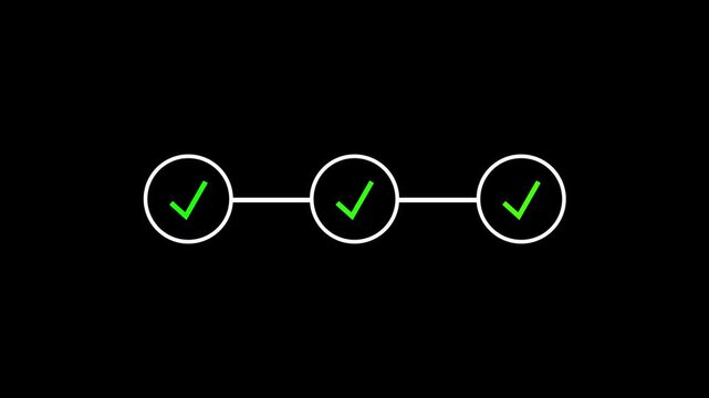 Light 3 Step Process Animation with Sequential Glowing Circle, Check Mark and Connecting Line