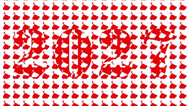 Romantic 2027 number text animation with red and white heart pattern background loop, happy new year concept, festive Valentine year motion graphic overlay for professional video on white screen. 4k
