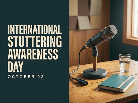 International stuttering awareness day concept with a professional microphone on a wooden desk background