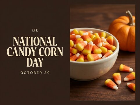 National candy corn day celebration graphic with a bowl of candy and small pumpkin