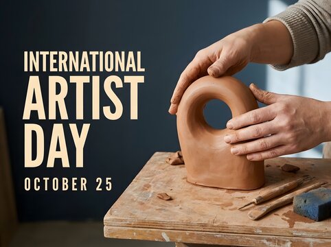 International artist day celebration with hands shaping clay pottery on wooden board