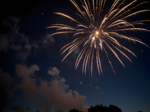 A burst of fireworks illuminates a dark night sky with streaks of golden light pyrotechnics celebration illumination sparklers nightscape festive newyear holiday spectacle explosions radiance