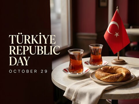 Celebrating republic day in turkey with tea pastry and national flag display