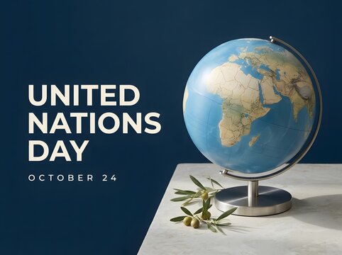 United nations day celebration with globe and olive branch on table