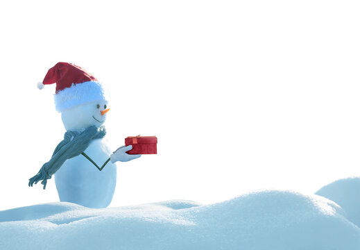 A cute snowman wearing a red scarf and a Santa hat, holding a gift. The snowman is isolated on a transparent background.