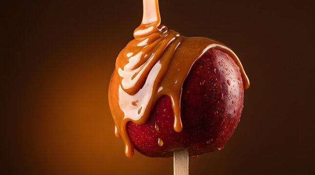 Caramel pouring over fresh red apple on wooden stick against brown bac