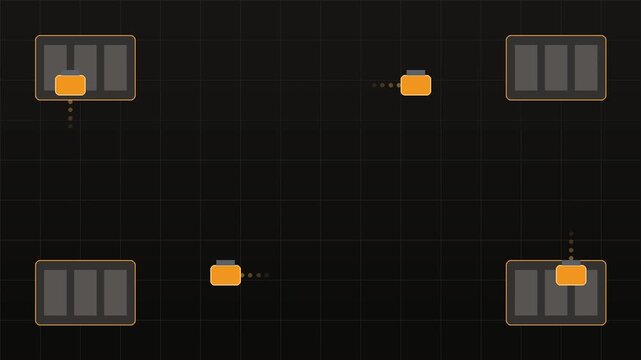 Digital data migration animation, orange folder icons moving between server nodes, cloud computing network background, information technology storage