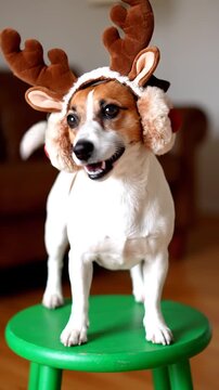An adorable, happy Jack Russell Terrier wearing reindeer ears and a Christmas reindeer costume, sitting on a bench and smiling.