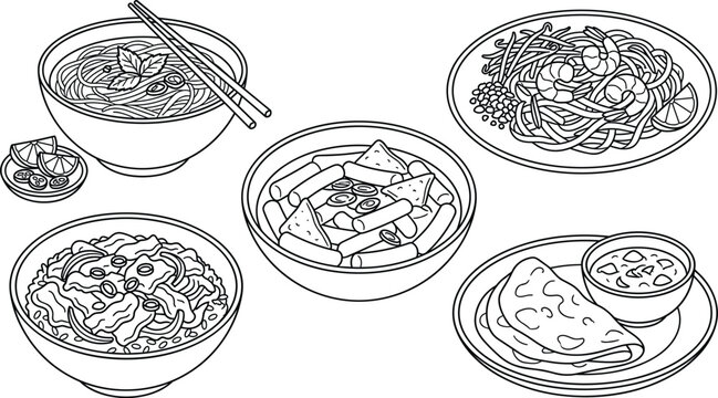 Black and White Asian Street Food Vector Outline Icon Set with Pho Noodles Tteokbokki Rice Bowl Pad Thai and Roti Canai for Coloring Pages