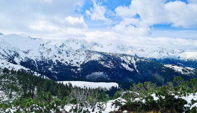Snow-covered mountain range and alpine lake surrounded by snowy forest in winter