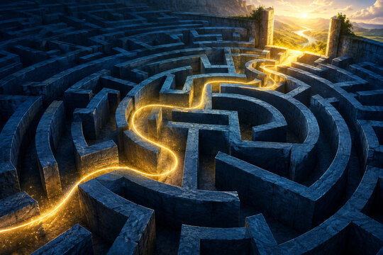 Golden Path Through Stone Maze Leading Toward Sunlit Exit