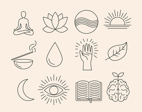 Mindfulness icon set holistic wellness meditation lotus sunrise incense water hand leaf moon eye book brain minimal line art