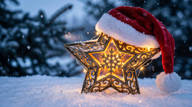  Glowing Christmas Star, Santa Hat Light Decor, Winter Holiday Star Lantern, Rustic Xmas Night Scene, Magical Star Ornament, Snowy Christmas Star, Cozy Holiday Decoration, Festive Illuminated Star, Ch