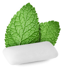 Menthol chewing gum and green mint leaves isolated on white © New Africa