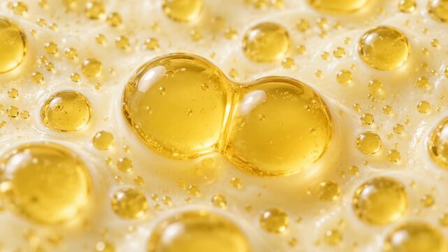 Golden Oil Bubble Macro Texture on Creamy Liquid, Translucent Amber Droplets Creating Luminous Abstract Surface with Warm Highlights