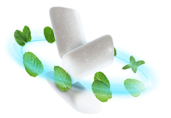 Menthol chewing gum pieces and mint leaves in air against white background © New Africa