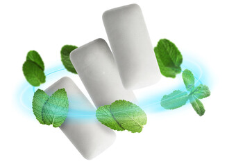 Menthol chewing gum pieces and mint leaves in air against white background © New Africa