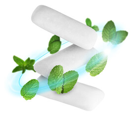 Menthol chewing gum pieces and mint leaves in air against white background © New Africa