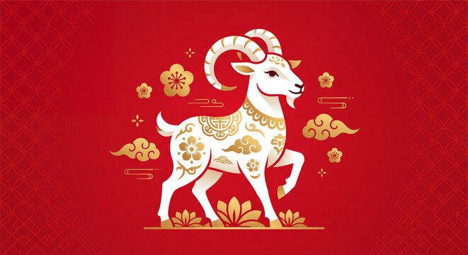 chinese new year card, Chinese New Year, year of the goat. Chinese goat on a red background, with copy space 2027, golden goat